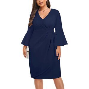 Plus Size Work Dress Polyester Blend V Neck Bell Sleeves Knee Length